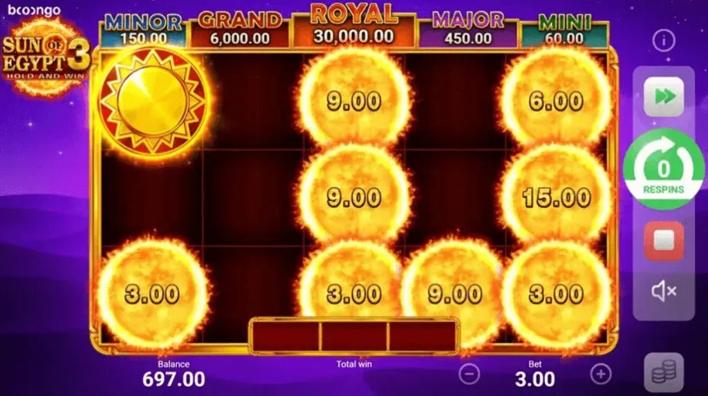 Ein lebhaftes Display der Sun of Egypt 3 Slot-Oberfläche mit goldenen ägyptischen Artefakten und drehenden Walzen.